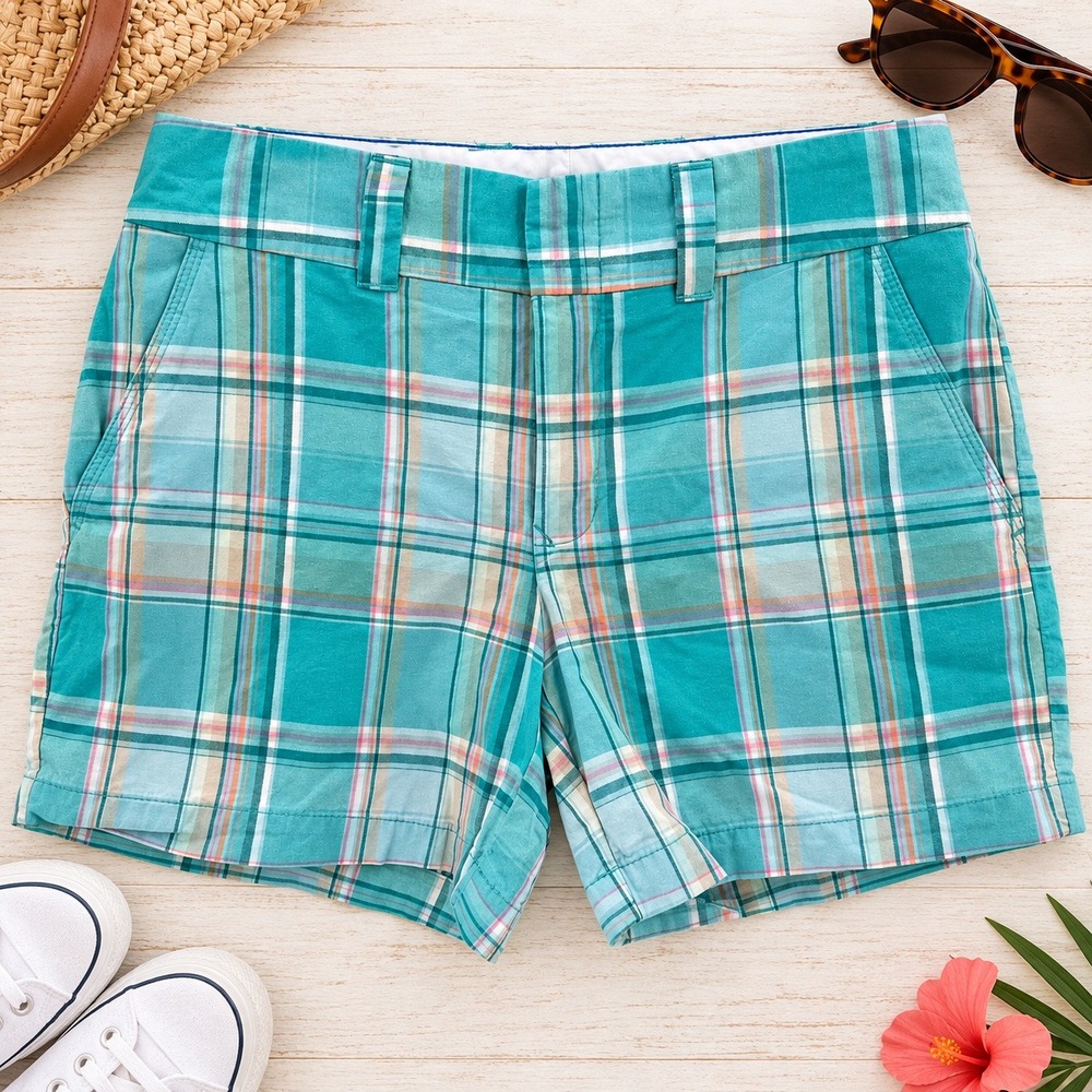Tommy Hilfiger Shorts Plaid Chino Bermuda 6 Teal Green Blue Preppy Coastal